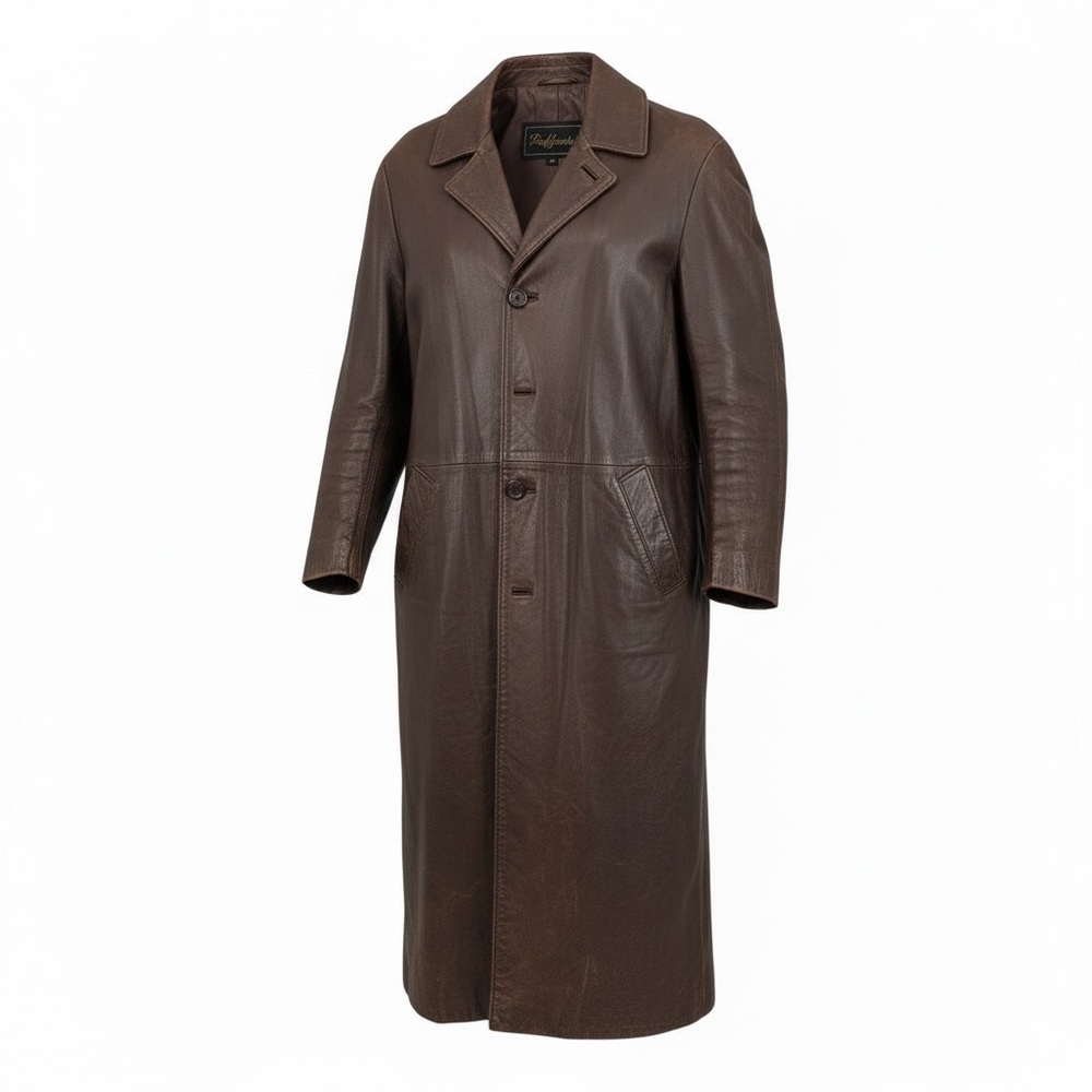 Vtg Women’s chocolate Brown Leather Trench Coat Classic Career Long petite M